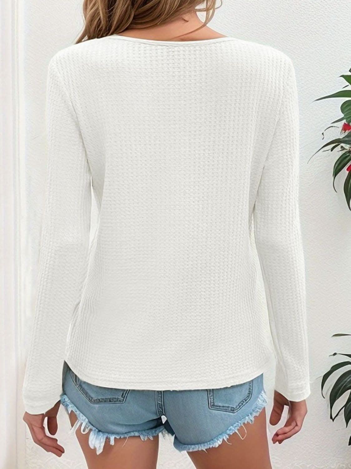 Waffle-knit v-neck long sleeve tee - Love Salve